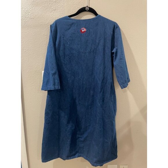 GO SOFTLY PATIO COTTON DENIM DRESS WOMENS LARGE FLORAL EMBROIDED SIZE S POCKETS - Picture 3 of 9